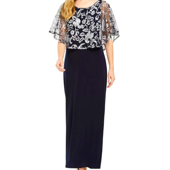 Formal Dress Plus Sz 14 14W 16W 18W 20W Connected Navy Maxi Floral Overlay Cape - Picture 8 of 8